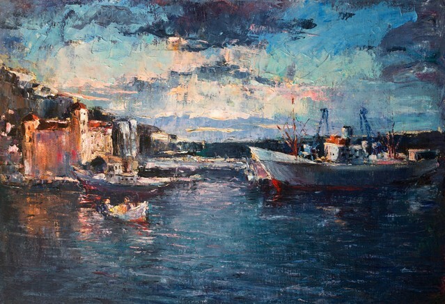 An oil painting on canvas of a colorful sunset over the port with ships entering and leaving the harbor
